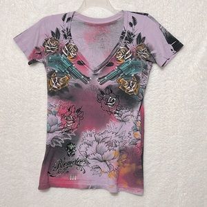 Remetees Y2K V-neck tattoo art T-shirt sz M